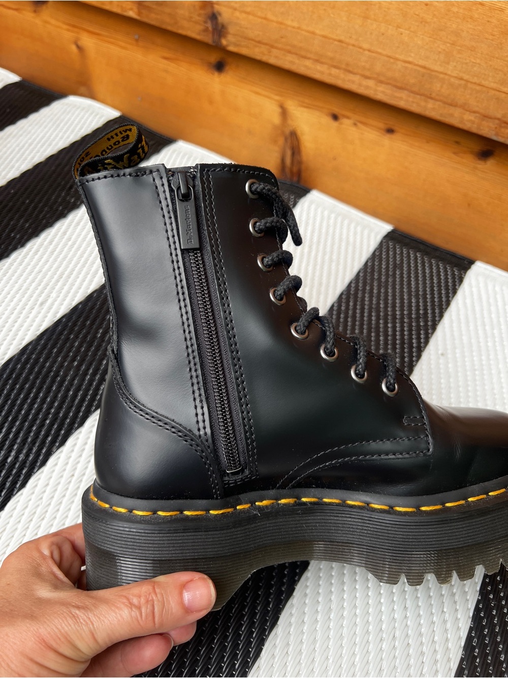 Dr. Martens Jadon Black Leather 8-Eye Lace-Up Boots with Yellow Stitching - Picture 6 of 7
